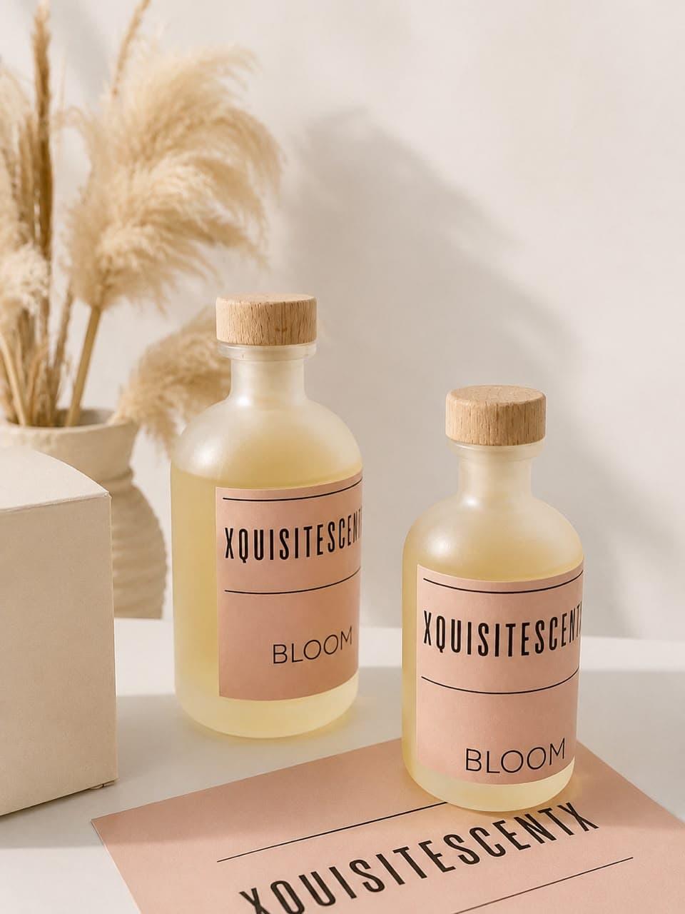 Two frosted glass Bloom reed diffuser bottles with wooden stoppers and blush labels, dried grasses behind them